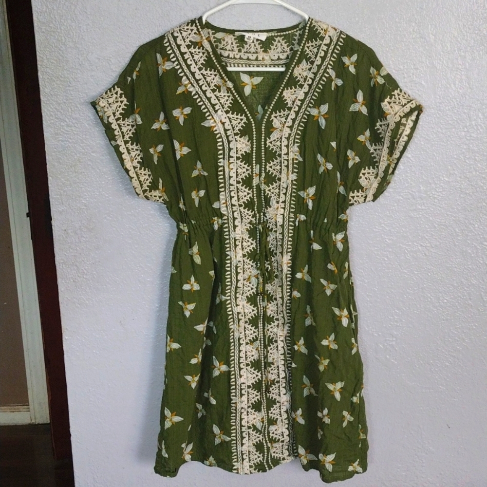 THML Olive Green Midi Dress with Cream Embroidery